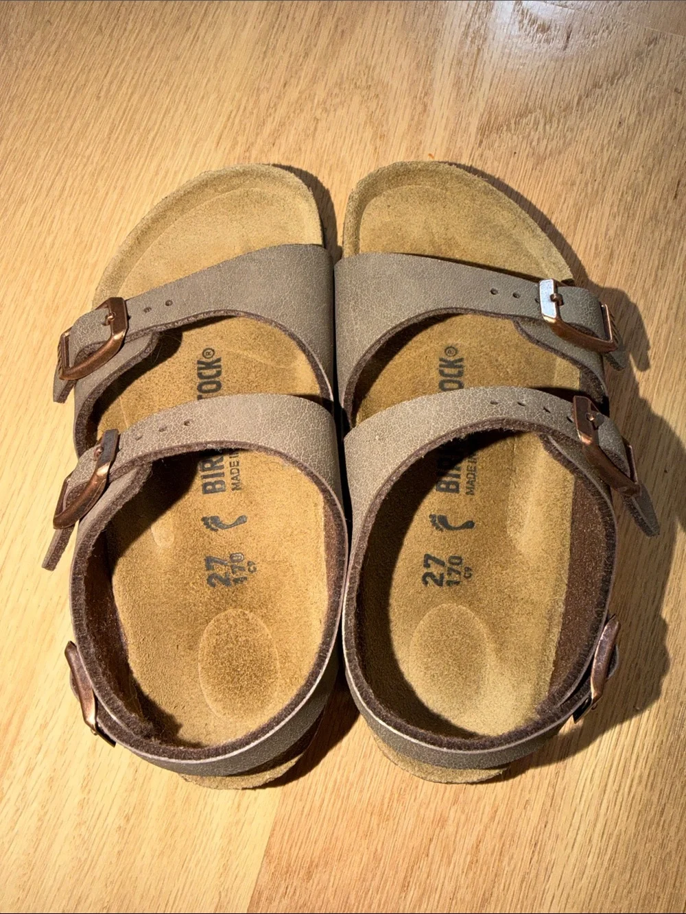 Birkenstock Kids Taupe Two-Strap Sandals with Bronze Buckles